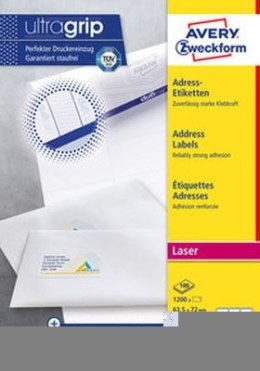 Etykiety adresowe białe, A4, 100 ark./op., 63,5 x 72 mm, białe, AVERY ZWECKFORM UltraGrip, L7164-100