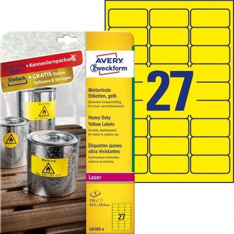 Etykiety Heavy Duty, A4, 8 ark./op., 63,5 x 29,6 mm, żółte, poliestrowe, AVERY ZWECKFORM, L6105-8