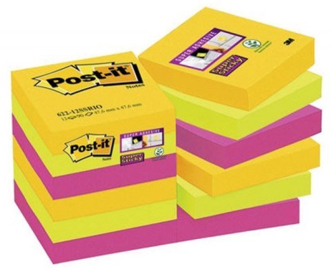 Bloczek samoprzylepny POST-IT_ Super Sticky (622-12SSRIO-EU), 47,6x47,6mm, 12x90 kart., paleta Rio de Janeiro