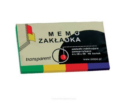 Zakładki samoprzylepne transparent (folia) 20x50mm w okładce, 4 kolory po 40 kartek MEMO