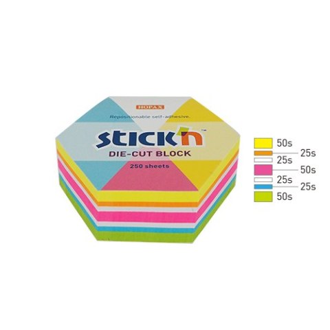 Notes sześciokąt, 61x70mm, mix 5 kol. neon+biały, 250kart. Stick"n 21827