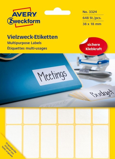 Białe minietykiety do opisywania ręcznego, 648 etyk./op., 38 x 18 mm, białe, AVERY ZWECKFORM, 3324