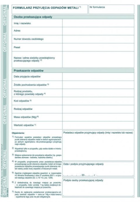 E-03-3 Formularz przyjęcia odpadów metali MICHALCZYK&PROKOP A5 80 kartek