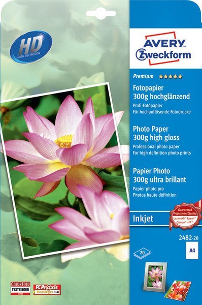 Papier fotograficzny Premium wysokobłyszczący 300g, 210 x 297 mm, biały, AVERY ZWECKFORM, 2482-20