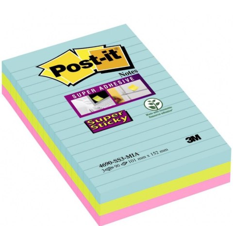 Bloczek samoprzylepny POST-IT_ Super Sticky w linie (4690-SS3MIA), 101x152mm, 3x90 kart., paleta Miami