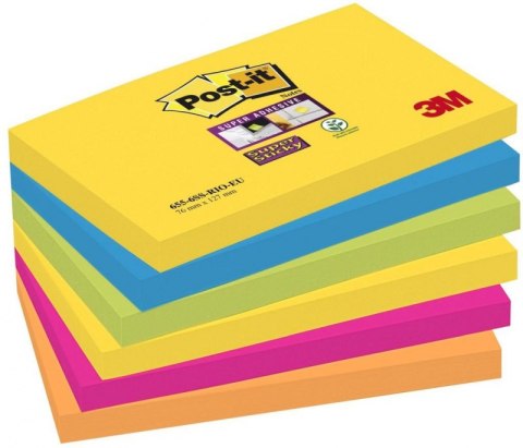 Bloczek samoprzylepny POST-IT Super sticky (655-6SS-RIO), 127x76mm, 6x90 kart., paleta Rio de Janeiro