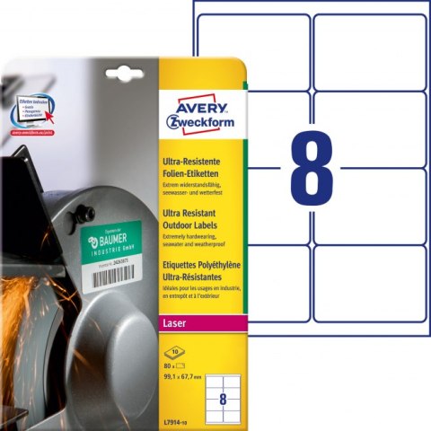 Etykiety polietylenowe ultra resistant, A4, 40 ark./op., 99,1x67,7mm, AVERY ZWECKFORM, L7914-40