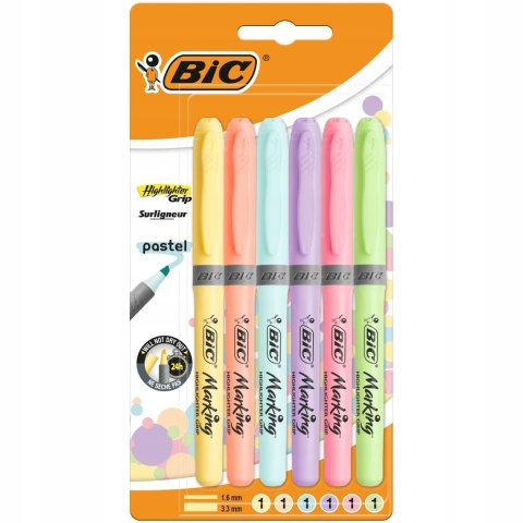 Zakreślacze BIC Highlighter Grip Pastel mix Blister 6szt, 992561