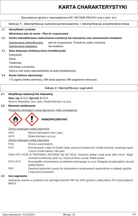 Preparat do czyszczenia powierzchni Alkohol 70%+ 1000ml DEZYNFEKCJA