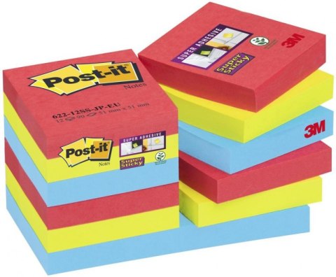 Bloczek samoprzylepny POST-IT_ Super Sticky (622-12SS-JP), 47,6x47,6mm, 12x90 kart., paleta bora bora (X)