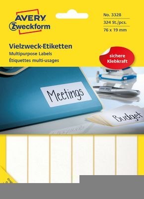 Trwałe minietykiety do opisywania ręcznego, 324 etyk./op., 76 x 19 mm, białe, AVERY ZWECKFORM, 3328