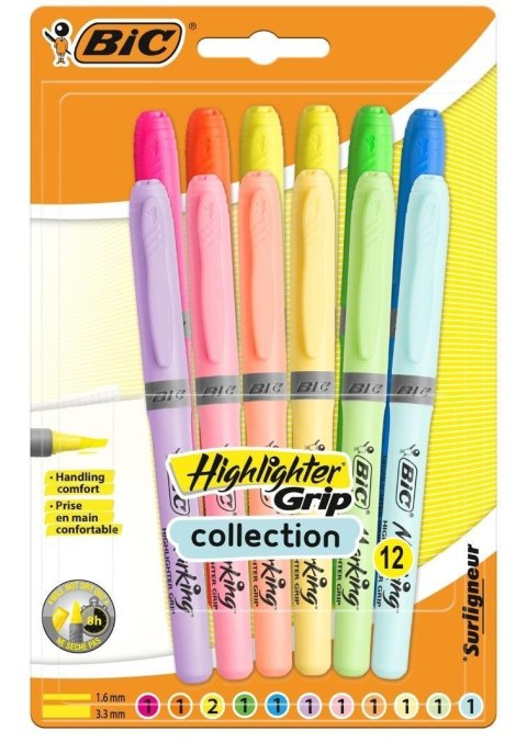 Zakreślacze BIC Highlighter Grip Pastel mix 12 szt 504819