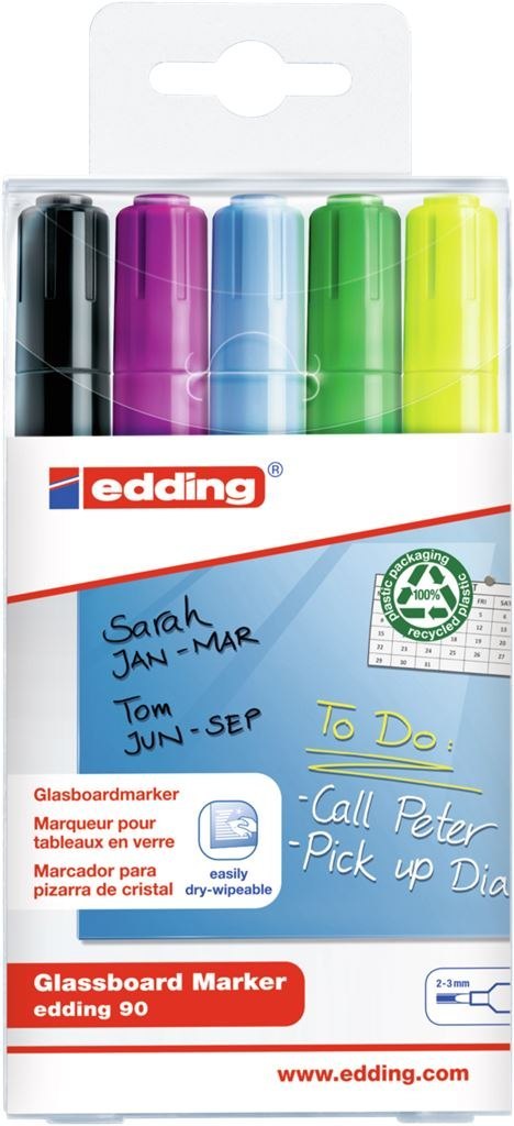 Marker EDDING do tablic szklanych czarny + mix kolorów, etui 5 szt. 90/5s/001/c ed suchościeralny (X)