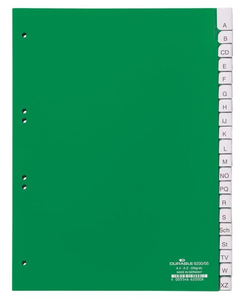 Przekładki A4 zielone, zgrzane wymienne indek sy, A-Z Zielony 620005 DURABLE