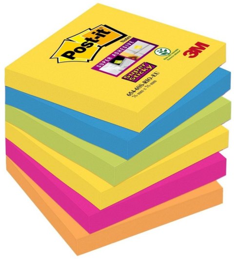 Bloczek samoprzylepny POST-IT Super Sticky (654-6SS-RIO), 76x76mm, 6x90 kart., paleta Rio de Janeiro