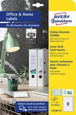 Etykiety na segregatory z okienkami, A4, 10 ark.,/op., 30 x 190 mm, białe, wąskie, AVERY ZWECKFORM, C32266-10