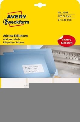 Etykiety adresowe białe, do drukarek igłowych, 420 etyk./op., 67 x 38 mm, białe, AVERY ZWECKFORM, 3348