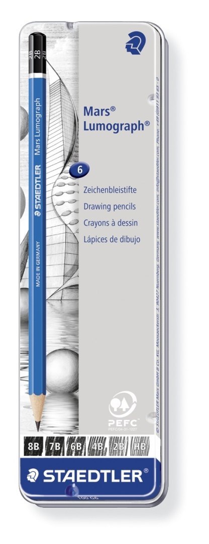 Ołówek Mars Lumograph, sześciokątny, 6 szt. w metal. opak., tw. 8B, 7B, 6B, 4B, 2B, B, Staedtler S 100 G6