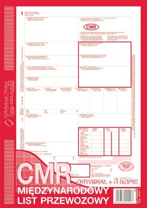 800-1N CMR A4 80kartek 1+3 numerowany międzynarodowy list przewozowy M&P