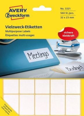 Białe minietykiety do opisywania ręcznego, 560 etyk./op., 32 x 23 mm, białe, AVERY ZWECKFORM, 3321