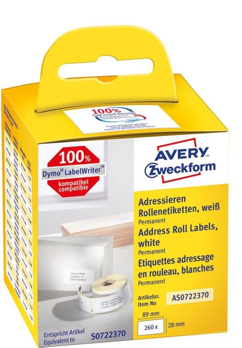 Etykiety adresowe AS0722370 28x89 260 et. x 2 w rolce do termodruku, trwałe, białe, Avery Zweckform