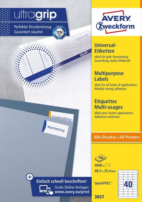Etykiety uniwersalne 3657 48,5 x 25,4 100ark. trwałe, Avery Zweckform (X)