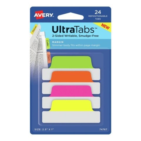 Ultra Tabs - samoprzylepne zakładki indeksujące, kolorowe, neonowe, 63,5x25, 24 szt., Avery Zweckform 74767