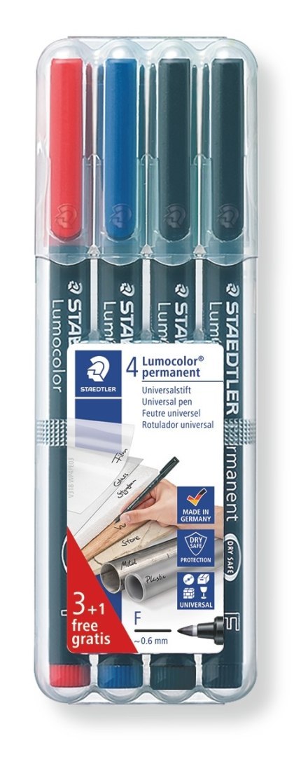 Foliopis Lumocolor, F, wodoodporny, zestaw 3+1 gratis 3 kol. (2, 3, 9) w etui box, Staedtler S 318 WP4P