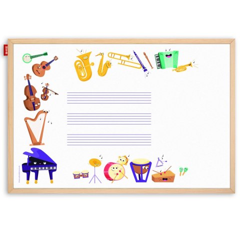 Tablica edukacyjna MemoBe, WHITEBOARDGAME: Music adventure!, nadruk WESOŁE INSTRUMENTY, rama drewniana, 90x60 cm MTM090060.MU02.