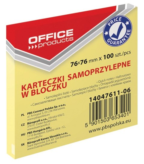 Bloczek samoprzylepny , 76x76mm, 1x100 kart., pastel, jasnożółte, typu OFFICE PRODUCTS 14047611-06