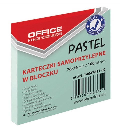 Bloczek samoprzylepny , 76x76mm, 1x100 kart., pastel, zielony, typu OFFICE PRODUCTS 14047611-02