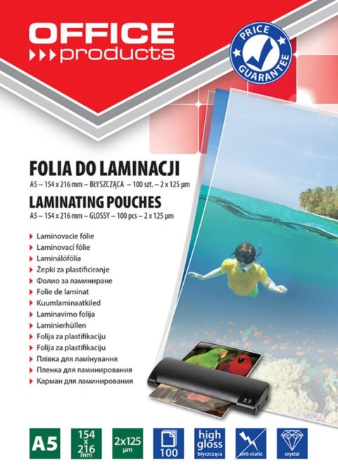 Folia do laminowania , A5, 2x125mikr., błyszcząca, 100szt., transparentna, typu OFFICE PRODUCTS 20325235-90