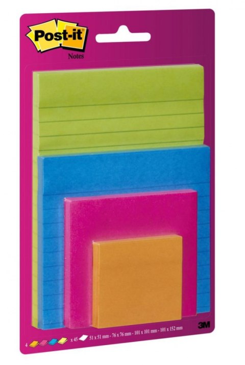 Bloczek samoprzylepny POST-IT_ Super Sticky (4622-SSEU), mix rozmiarów, 4x45 kart., zawieszka, mix kolorów