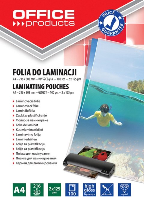 Folia do laminowania , A4, 2x125mikr., błyszcząca, 100szt., transparentna, typu OFFICE PRODUCTS 20325435-90