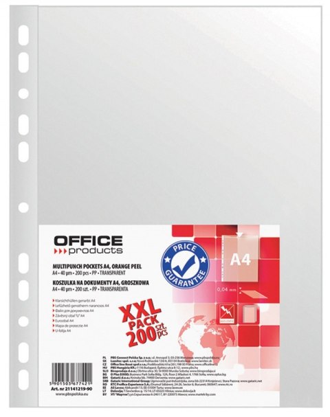 Koszulki na dokumenty , PP, A4, groszkowe, 40mikr., 200szt., typu OFFICE PRODUCTS 21141219-90