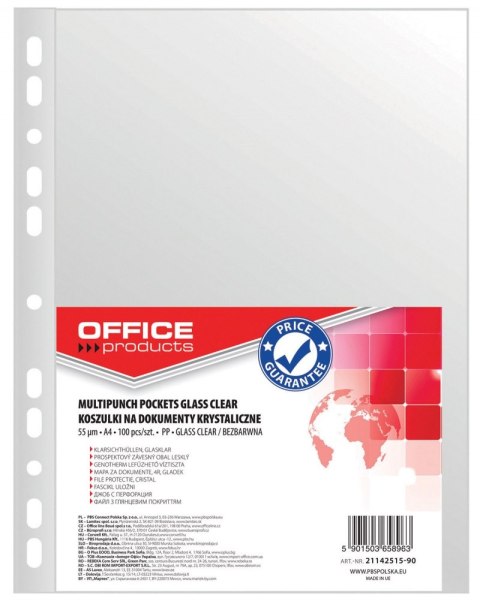 Koszulki na dokumenty , PP, A4, krystal, 55mikr., 100szt., typu OFFICE PRODUCTS 21142515-90
