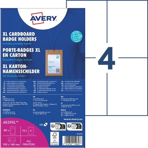 Holdery na identyfikatory A6 tekturowe, 105 x 148 mm, opak. XL 50 szt + 13 ark/52 wkłady 190 g/m_; brązowa tektura