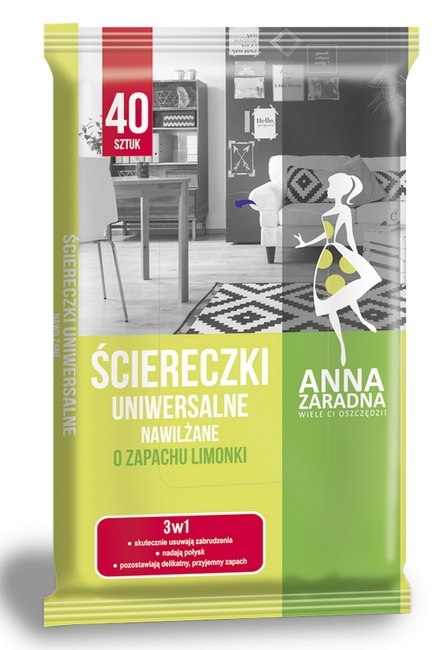 Ściereczki nawilżane ANNA ZARADNA, uniwersalne o zapachu limonki, 40 szt., białe chusteczki, 030156