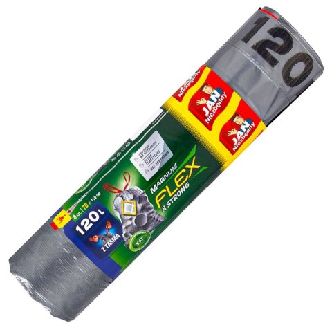 Worki na śmieci JAN NIEZBĘDNY, magnum flex&strong, LDPE, z taśmą, 120l, 8szt., czarne, SA-JN-312736